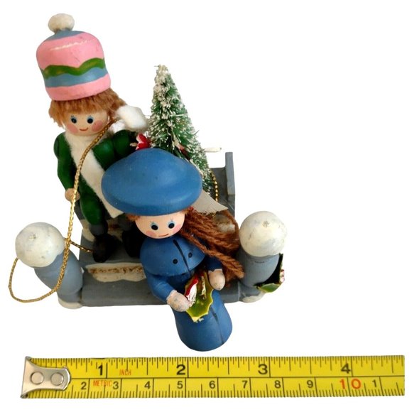 Vintage Handpainted Wooden Christmas Ornament Children Sitting On Steps - Picture 5 of 8